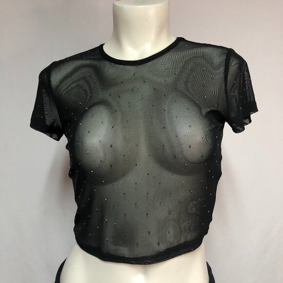 NWT Garage Black Mesh Short Sleeve Crop Top With Rhinestones Size Small - Picture 1 of 9